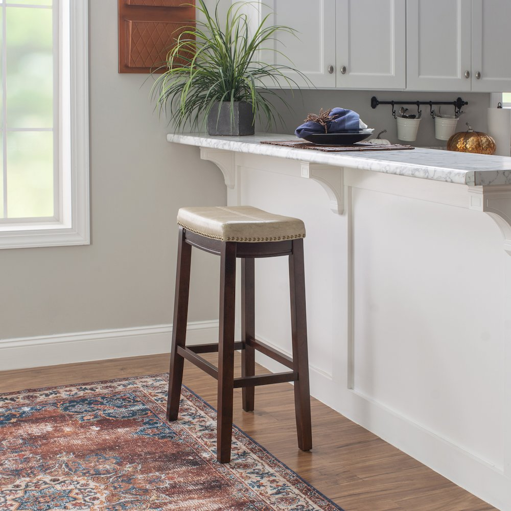 Start2Finish Claridge beige barstool with wooden legs and cushioned seat, modern furniture for kitchen or bar area.