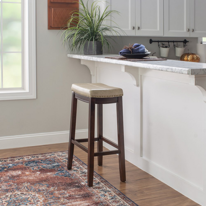 Start2Finish Claridge beige barstool with wooden legs and cushioned seat, modern furniture for kitchen or bar area.