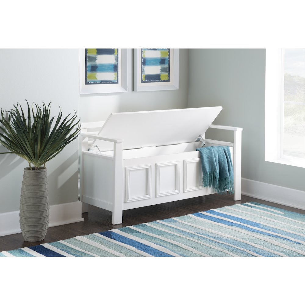 Start2Finish Laredo Storage Bench with cushioned top and wooden legs, ideal for entryways or living room storage.