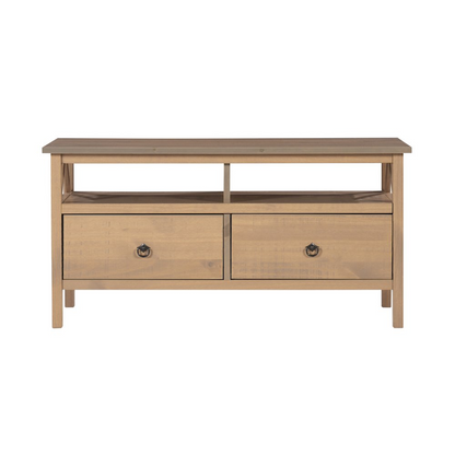 Start2Finish Titian Driftwood TV stand with woodgrain finish, modern furniture piece for entertainment setup, front view.