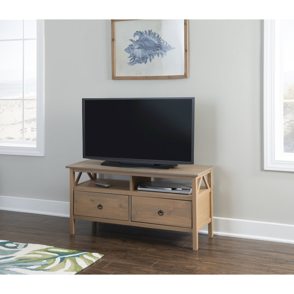 Start2Finish Titian Driftwood TV stand with wood grain finish, modern furniture piece with open shelving for media storage.