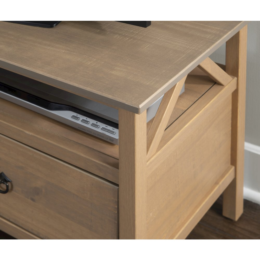 Start2Finish Titian Driftwood TV stand with sleek wood finish and modern design, perfect for living room entertainment setup.