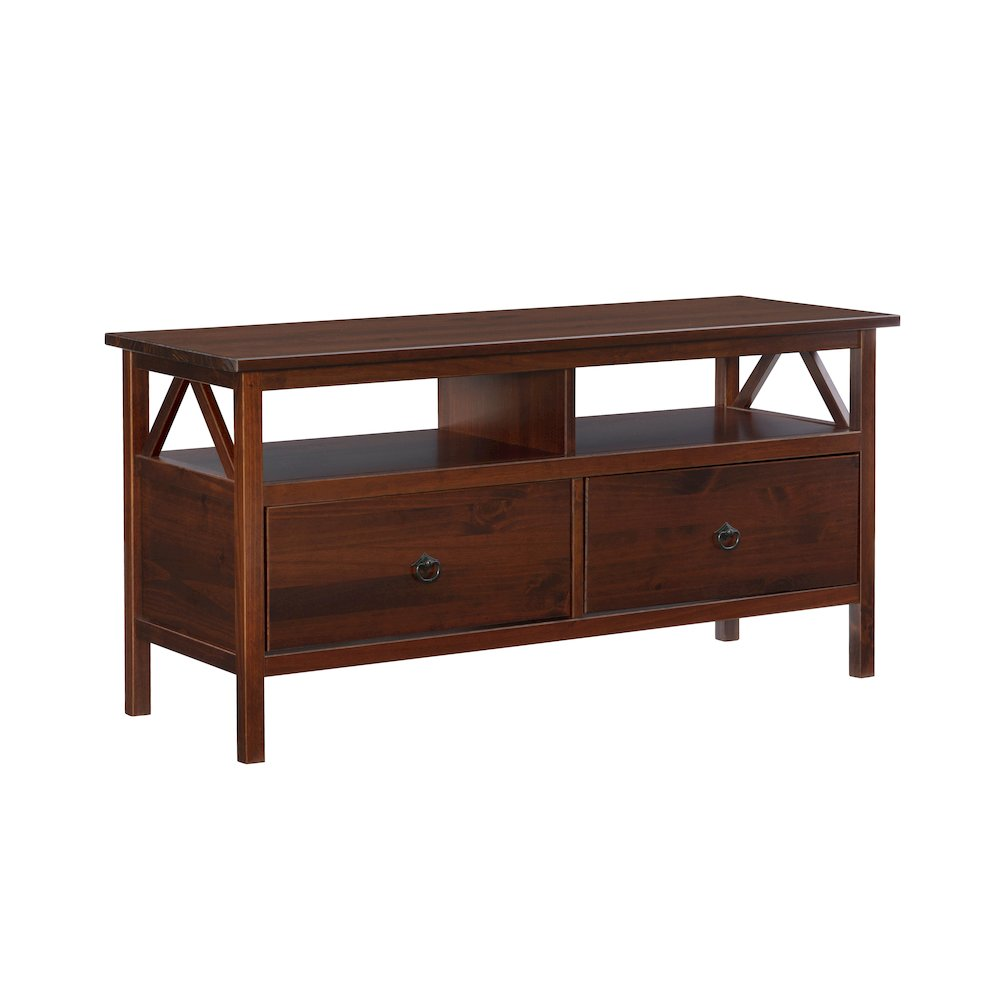 Start2Finish Titian TV stand with open shelving and storage compartments, modern wood finish, suitable for living room entertainment setup.
