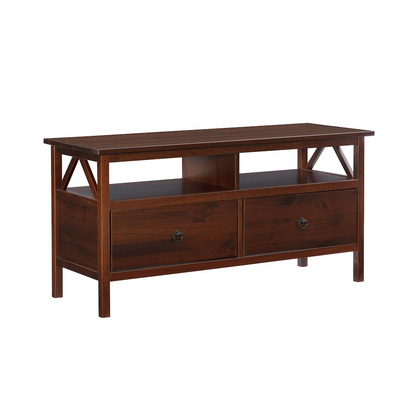 Start2Finish Titian TV stand with open shelving and storage compartments, modern wood finish, suitable for living room entertainment setup.