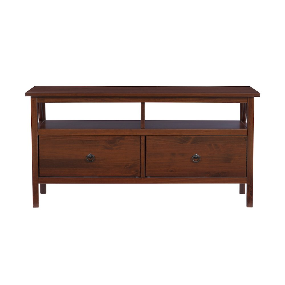 Start2Finish Titian TV stand with open shelves and storage cabinets, made of sleek wood for modern living room setup.