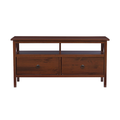 Start2Finish Titian TV stand with open shelves and storage cabinets, made of sleek wood for modern living room setup.