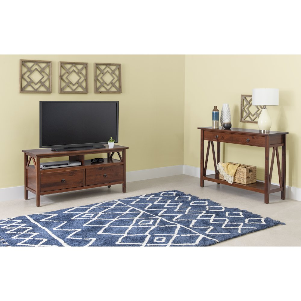 Start2Finish Titian TV stand with open shelving and sleek wood finish, designed for modern living room entertainment setups.