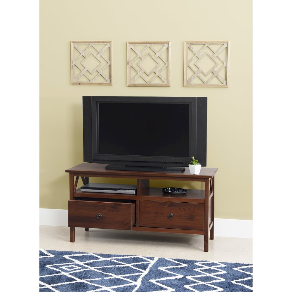 Start2Finish Titian TV Stand with open shelves and storage compartments, made of wood in a sleek, modern design.