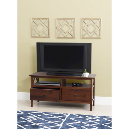 Start2Finish Titian TV Stand with open shelves and storage compartments, made of wood in a sleek, modern design.
