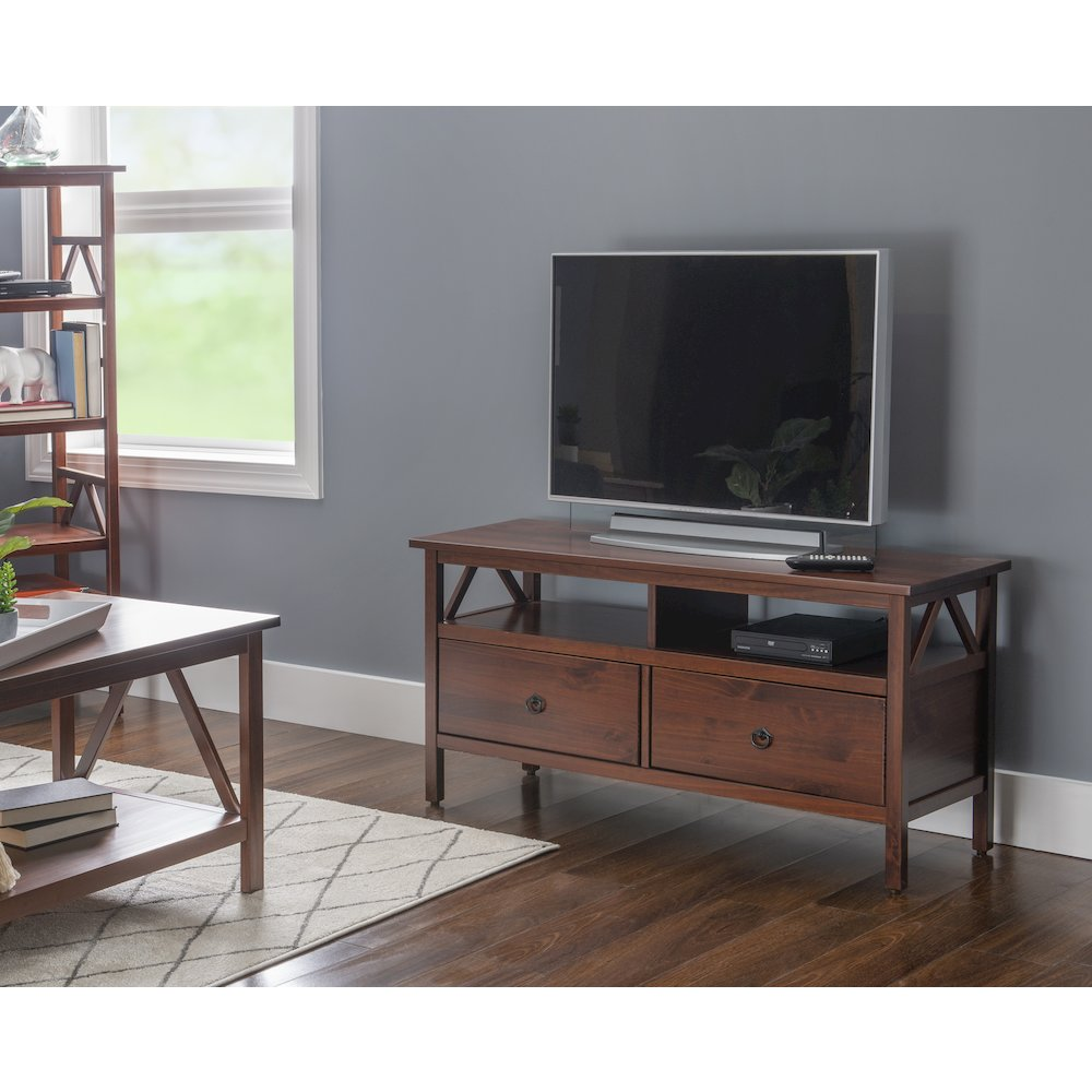 Start2Finish Titian TV stand with wood finish, featuring open shelves and storage compartments for modern living room setup.