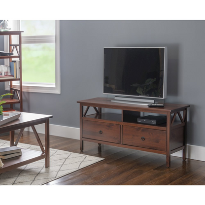 Start2Finish Titian TV stand with wood finish, featuring open shelves and storage compartments for modern living room setup.