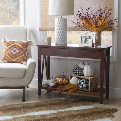 Start2Finish Titian Console Table in antique finish, showcasing a sleek wooden surface and elegant design.