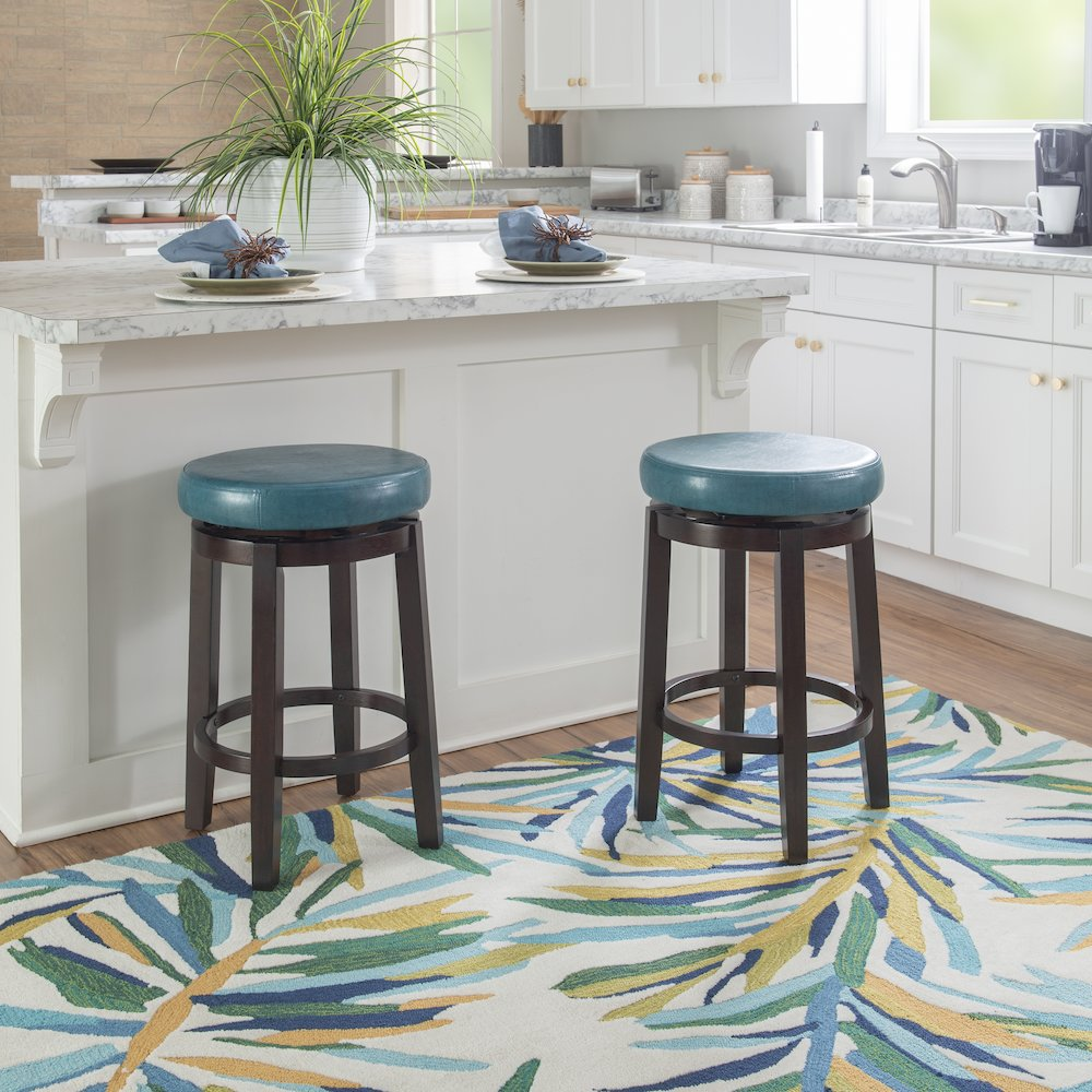 Start2Finish Maya Teal 24-inch counter stool with wooden legs and cushioned teal seat for stylish kitchen or bar seating.