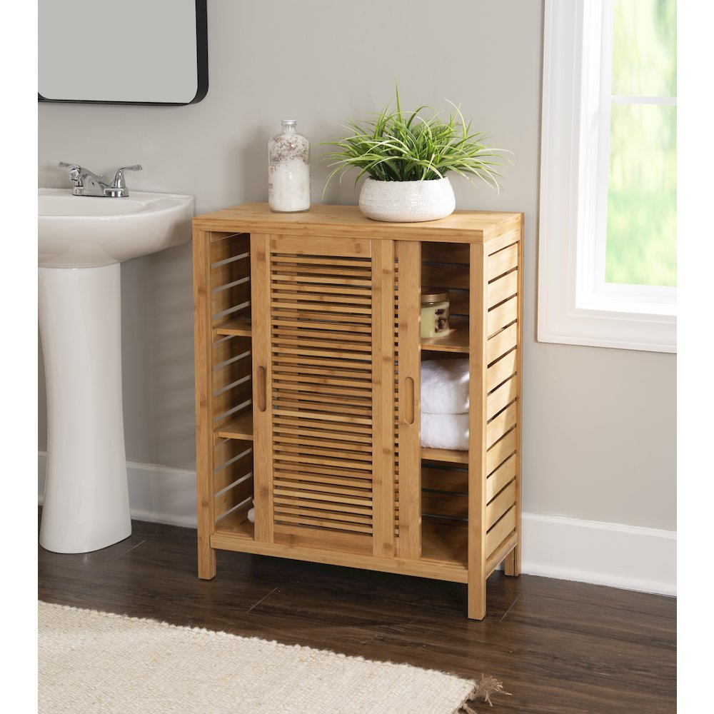 Start2Finish Bracken two-door floor cabinet showing wooden finish, sleek design, and functional storage space.