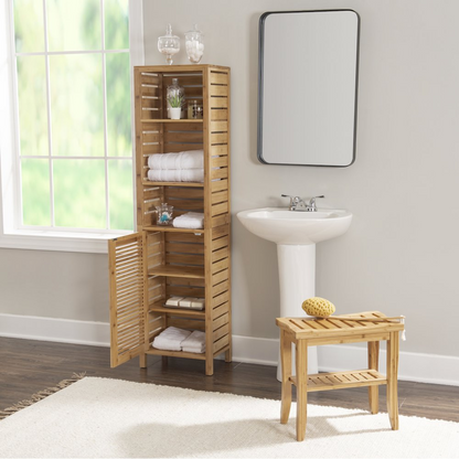 Start2Finish Bracken Tall Bath Cabinet with multiple shelves and sleek wood finish for organized bathroom storage.