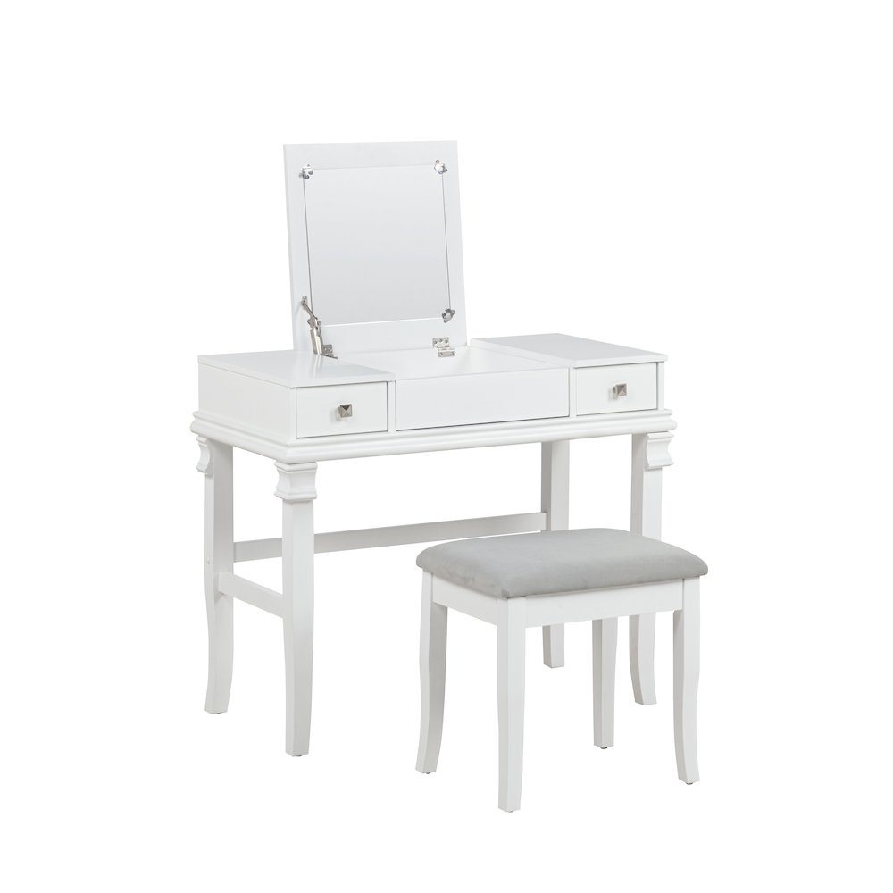 Start2Finish Angela White vanity set with mirror, drawers, and cushioned stool, stylish furniture for beauty and makeup routines.