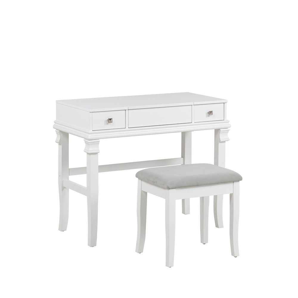Start2Finish Angela White Vanity Set with mirror, drawers, and cushioned stool for stylish bedroom furniture.