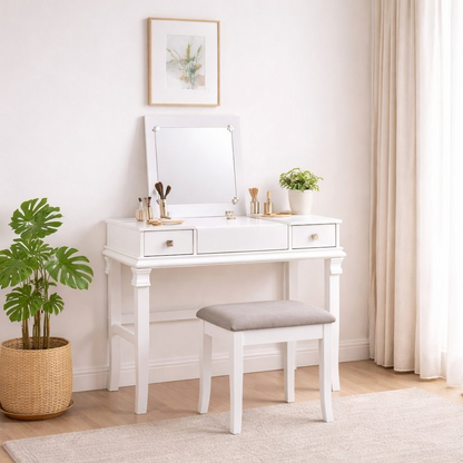 Start2Finish Angela White vanity set with mirrored tabletop, drawers, and matching stool, showcasing stylish furniture design.