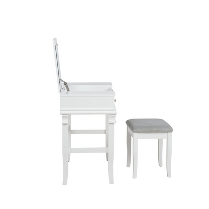 Start2Finish Angela White Vanity Set featuring a modern wooden furniture piece with a mirror and storage drawers.