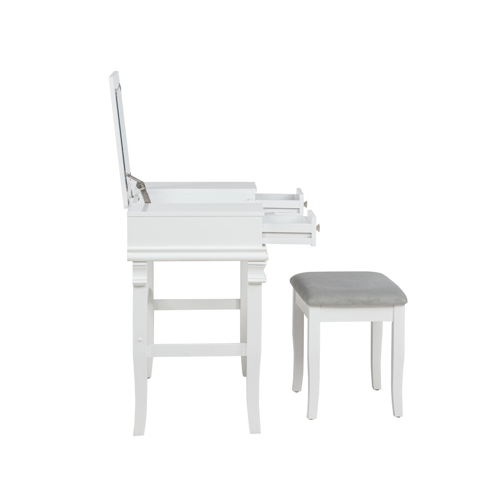 Start2Finish Angela White Vanity Set with mirror, drawers, and cushioned stool, elegant furniture for makeup and grooming.