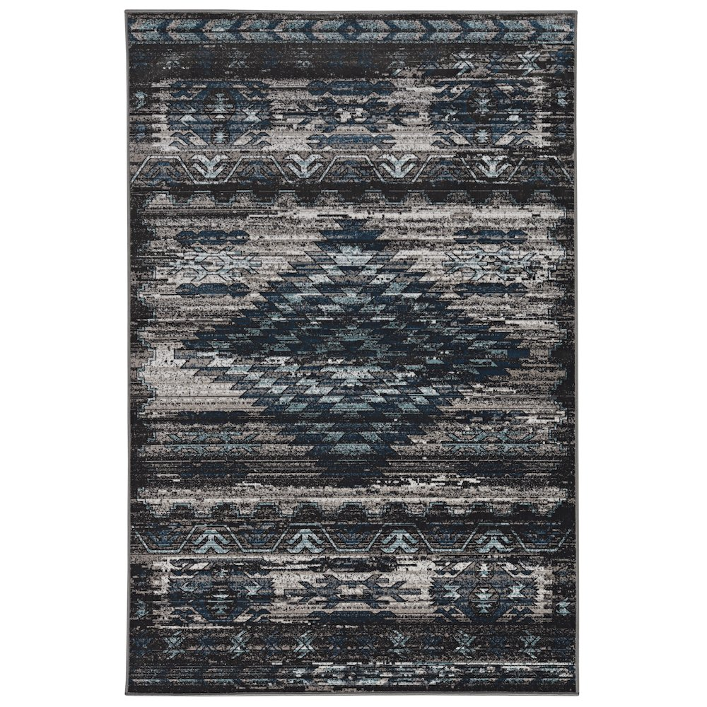 Vintage Aztek grey and charcoal 8x10 rug by Start2Finish showing intricate geometric patterns and textured fabric in natural light.