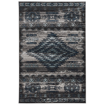 Vintage Aztek grey and charcoal rug with geometric patterns, 5x7.6 feet, by Start2Finish, featuring intricate tribal design details.