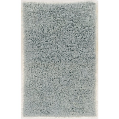 Light grey Flokati rug from Start2Finish, 5x8 feet, plush 1400g wool texture, suitable for living rooms or bedrooms.