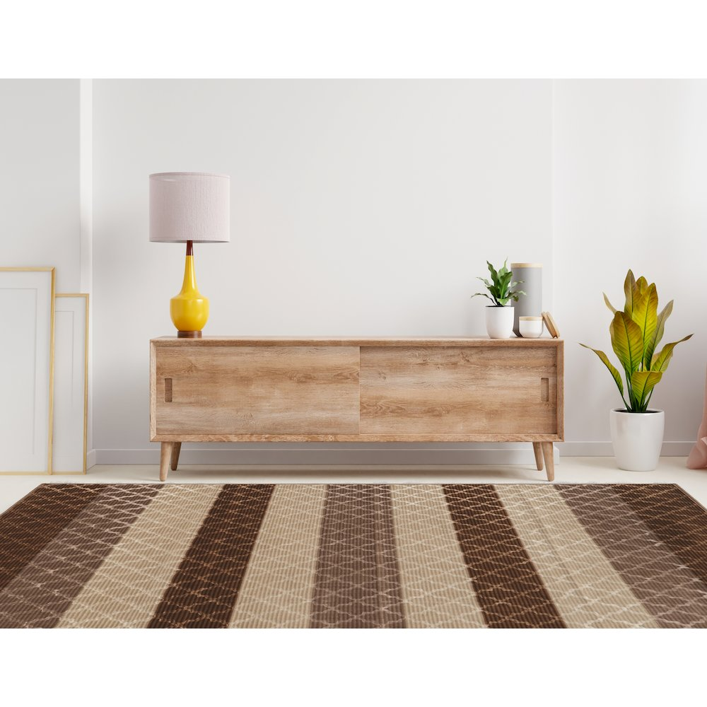 Beige and brown striped EvolutionTrellis rug by Start2Finish, 8x10.3 feet, showcasing its textured woven design.