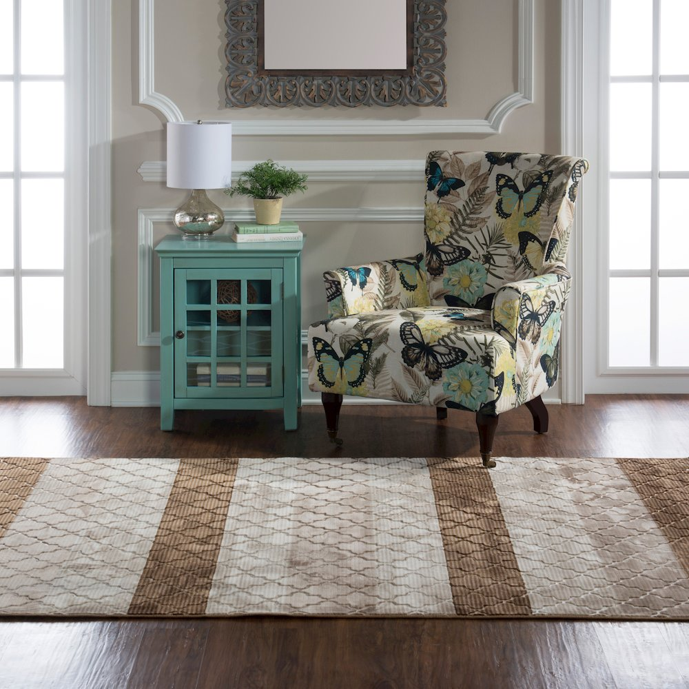 Start2Finish Evolution DamaskStripe beige and brown 5x7.6 rug with a damask and stripe pattern on a beige background.