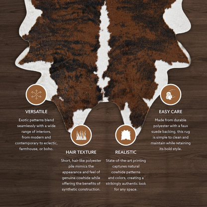 Start2Finish faux cowhide rug in brindle pattern, soft and textured cow hide-inspired rug for home decor.