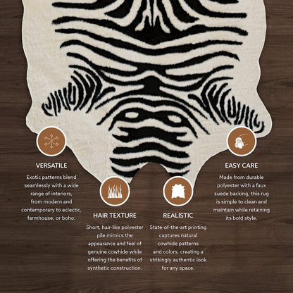 Start2Finish faux cowhide zebra rug in ivory and black, featuring a realistic animal print pattern for stylish home decor.