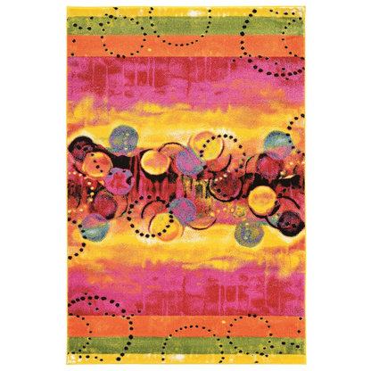 Start2Finish Masters Salsa yellow and multi-colored 8x10.3 rug with geometric patterns and vibrant design.