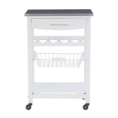 Start2Finish Clarke white kitchen cart with storage shelves and wheels, ideal for kitchen organization and mobility.