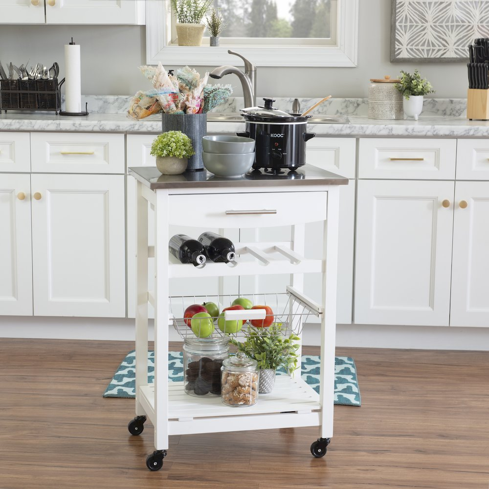 Clarke white kitchen cart by Start2Finish with wooden shelves, metal frame, and wheels for mobile kitchen storage and organization.