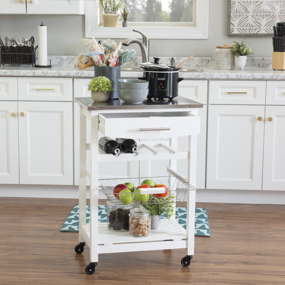 Clarke white kitchen cart by Start2Finish with wooden shelves and metal frame, featuring wheels for mobility.