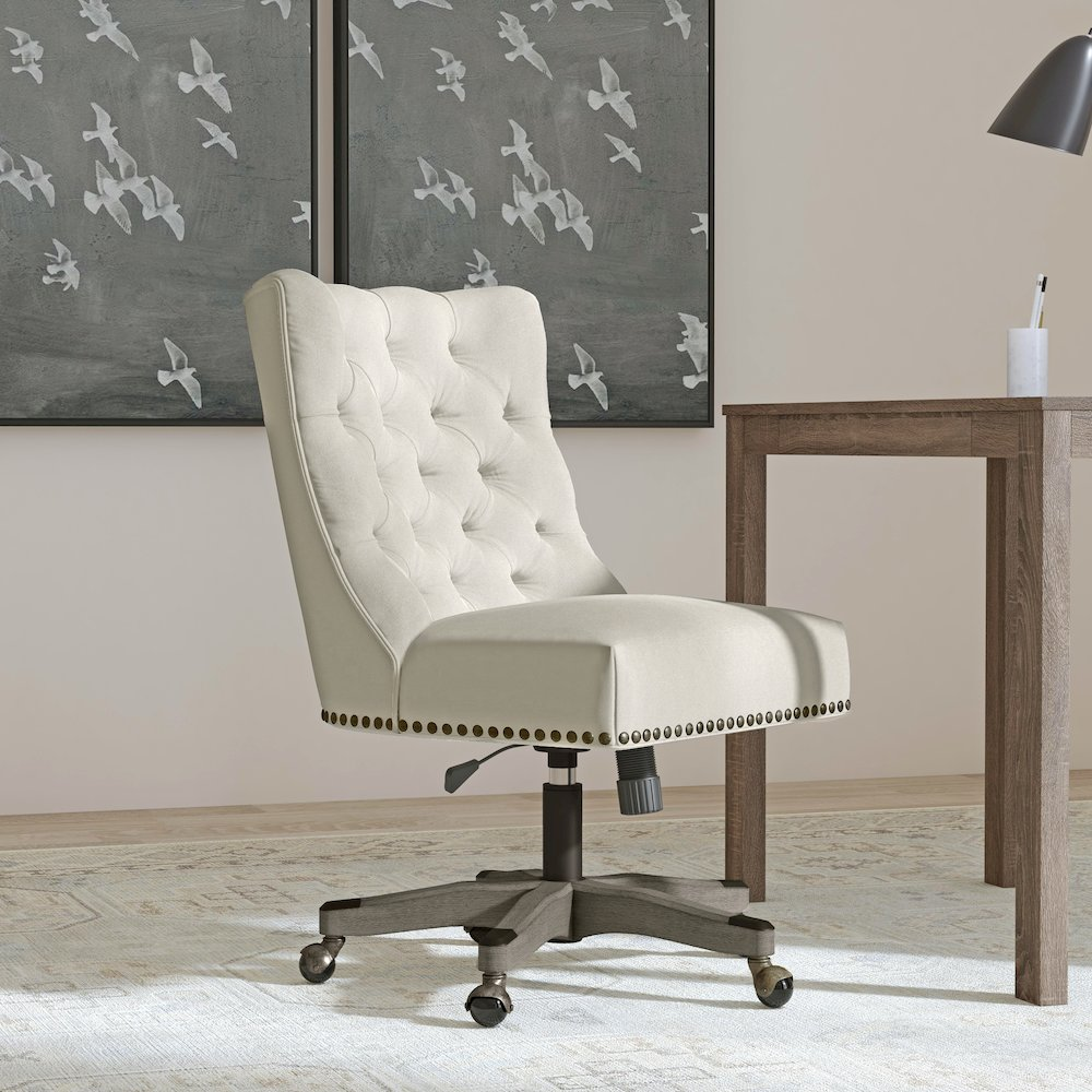 Della Natural Office Chair by Start2Finish with beige fabric upholstery, ergonomic design, and wooden armrests.