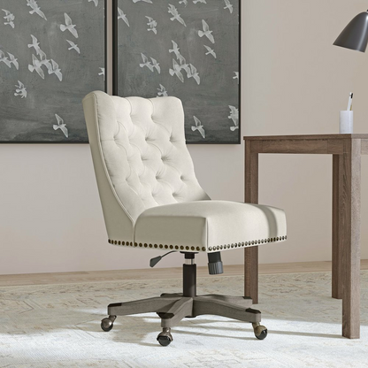 Della Natural Office Chair by Start2Finish with beige fabric upholstery, ergonomic design, and wooden armrests.