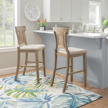 Start2Finish Rylan 30-inch bar stool with wooden seat and metal legs, shown from a side angle in a modern kitchen setting.