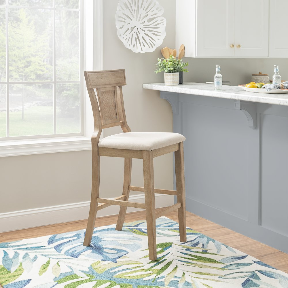 Start2Finish Rylan 30-inch bar stool with a sleek wooden seat and metal frame, shown from a side view.