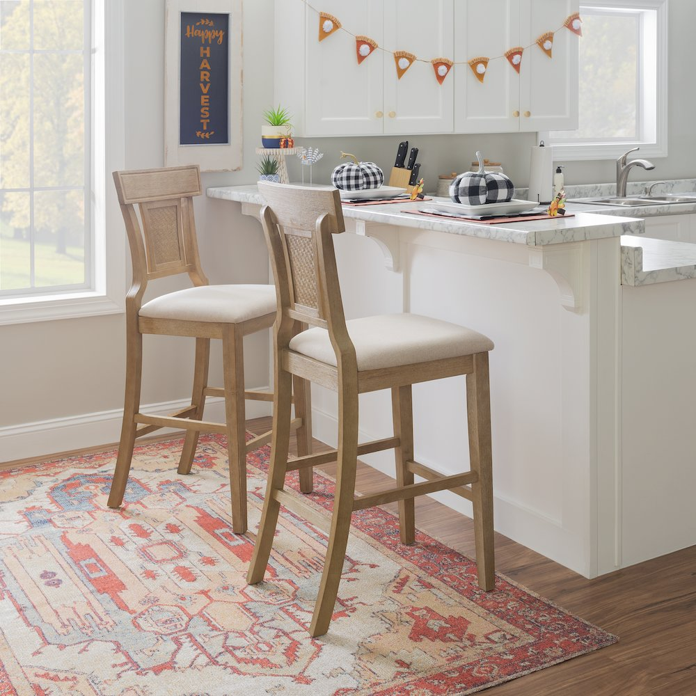 Start2Finish Rylan 30-inch bar stool with a wooden seat and metal legs, shown in a modern kitchen setting.
