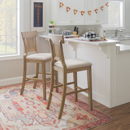 Start2Finish Rylan 30-inch bar stool with a wooden seat and metal legs, shown in a modern kitchen setting.