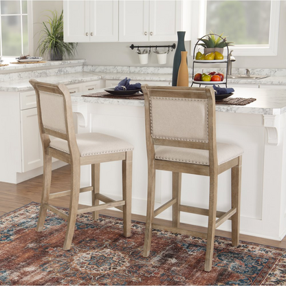 Start2Finish Emmy 26-inch natural wood counter stool with round seat and four legs, ideal for kitchen or bar area.