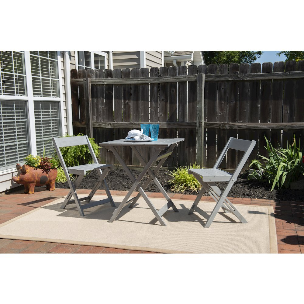 Gray Rockport three-piece square table set by Start2Finish with smooth wooden surfaces and sturdy legs