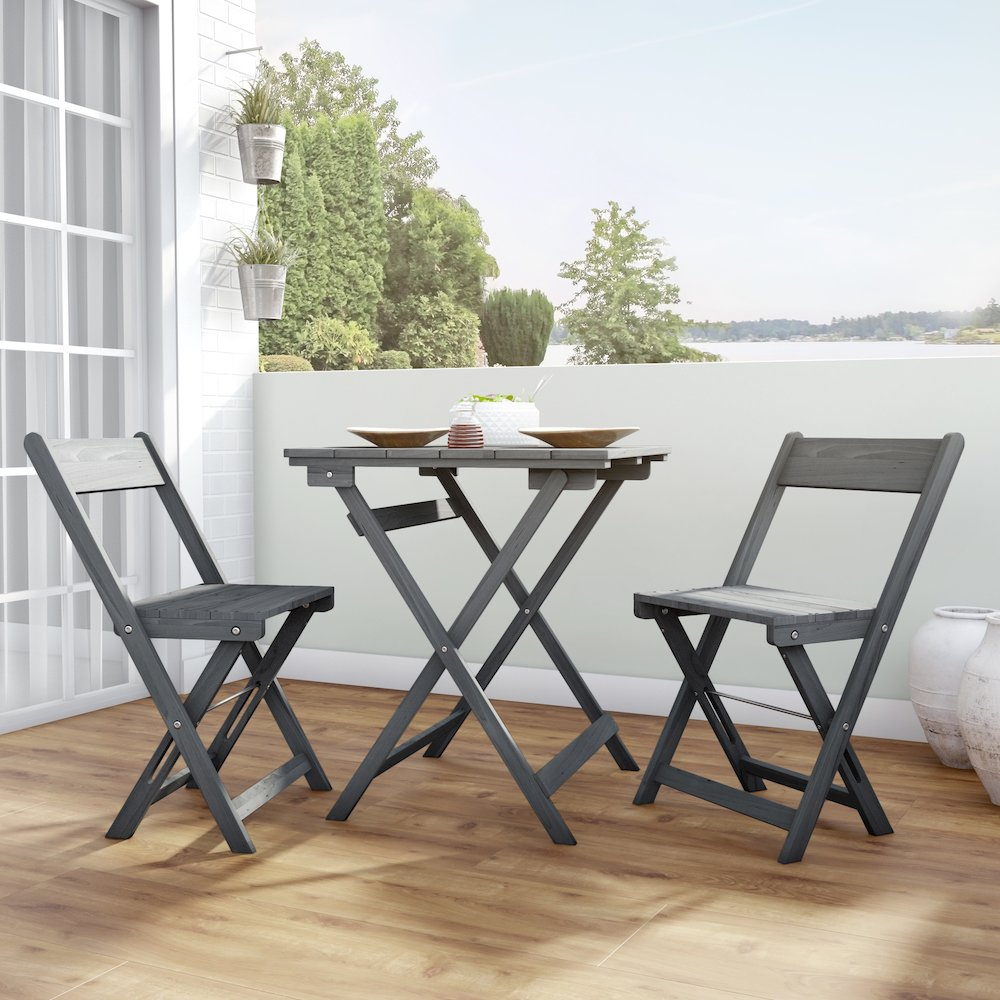 Start2Finish Rockport gray three-piece square table set with modern design and sturdy wooden legs, ideal for contemporary dining spaces.
