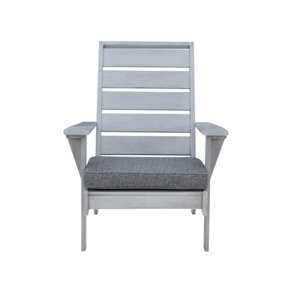 Start2Finish Rockport gray outdoor chair with cushioned seat and armrests, suitable for patio or garden relaxation.