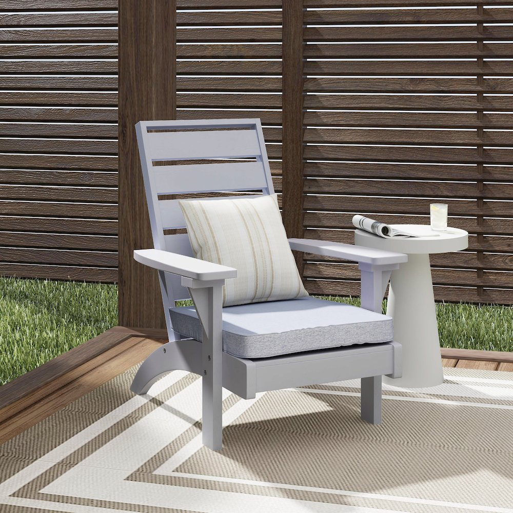 Gray outdoor chair by Start2Finish with a sturdy frame and comfortable seating, ideal for patio or garden use.