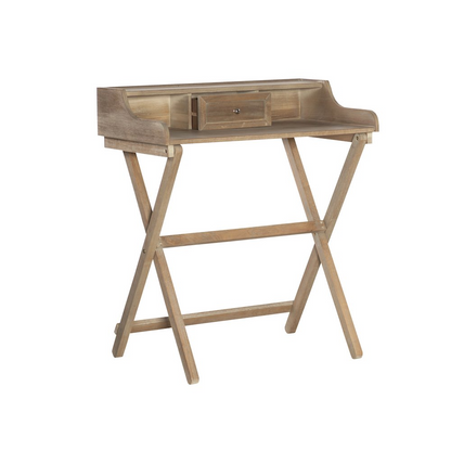 Rustic brown Coy folding desk by Start2Finish, showing a compact wooden furniture piece with a foldable design and sturdy legs.