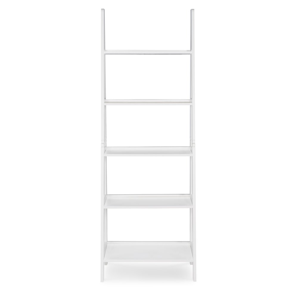 White Acadia Ladder Bookshelf by Start2Finish with multiple shelves and a modern, angled ladder design for stylish storage.
