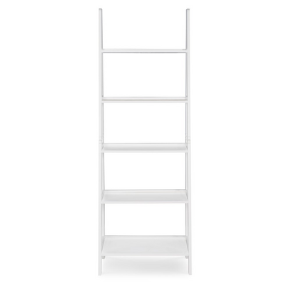 White Acadia Ladder Bookshelf by Start2Finish with multiple shelves and a modern, angled ladder design for stylish storage.