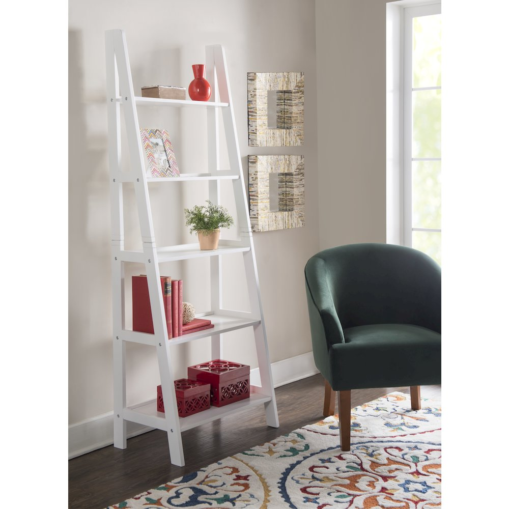 White Acadia Ladder Bookshelf by Start2Finish with multiple shelves for storage and display.
